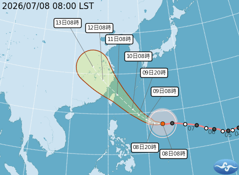 中央氣象署今(8日)指出,巴威8時的中心位置在北緯16.9度、東經134.1度,以每小時20公里速度,向西進行。(翻攝自中央氣象署官網)