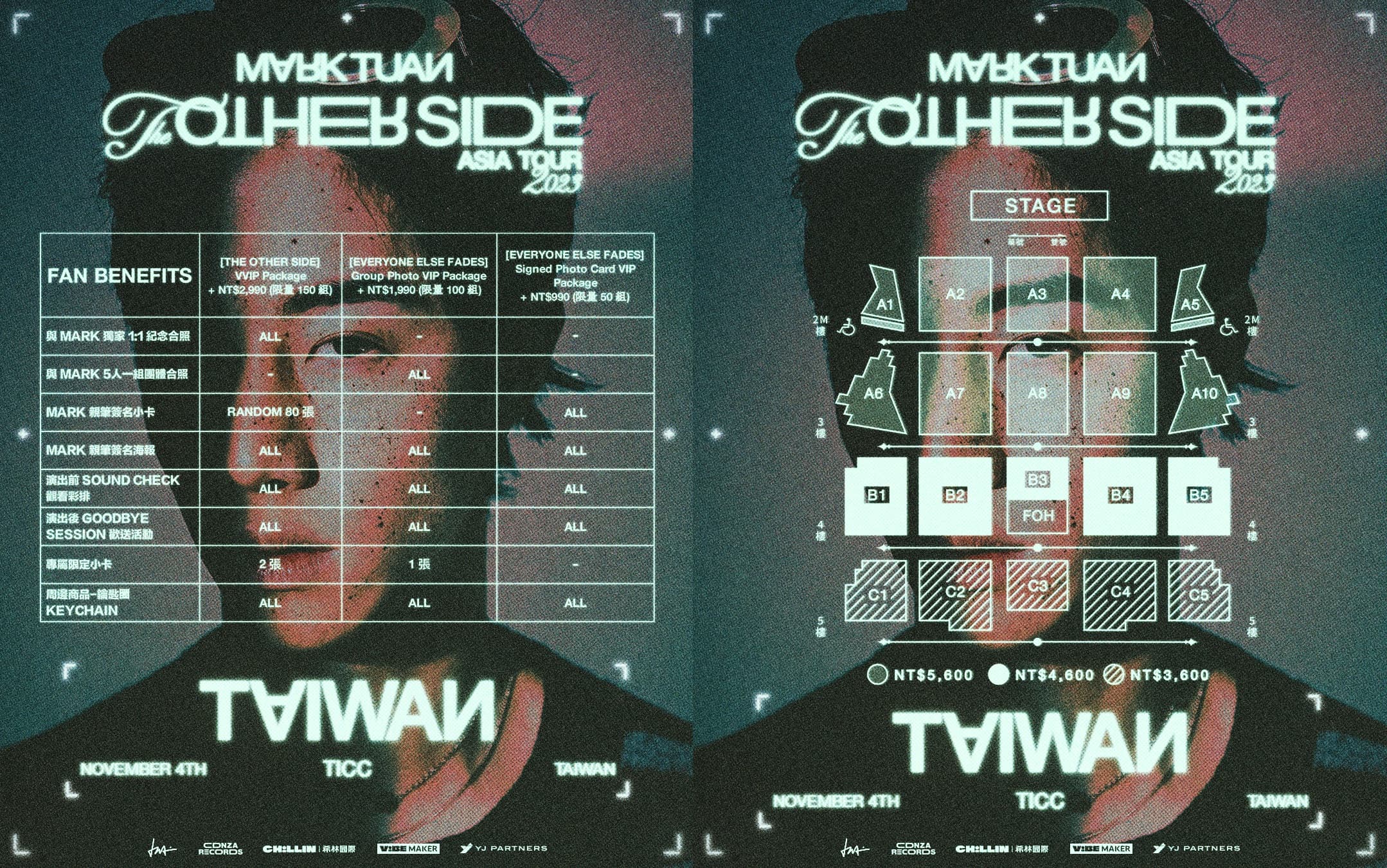 「MARK TUAN 'The Other Side' ASIA TOUR IN TAIWAN 2023」福利及票價圖。(希林國際Chillin International提供)