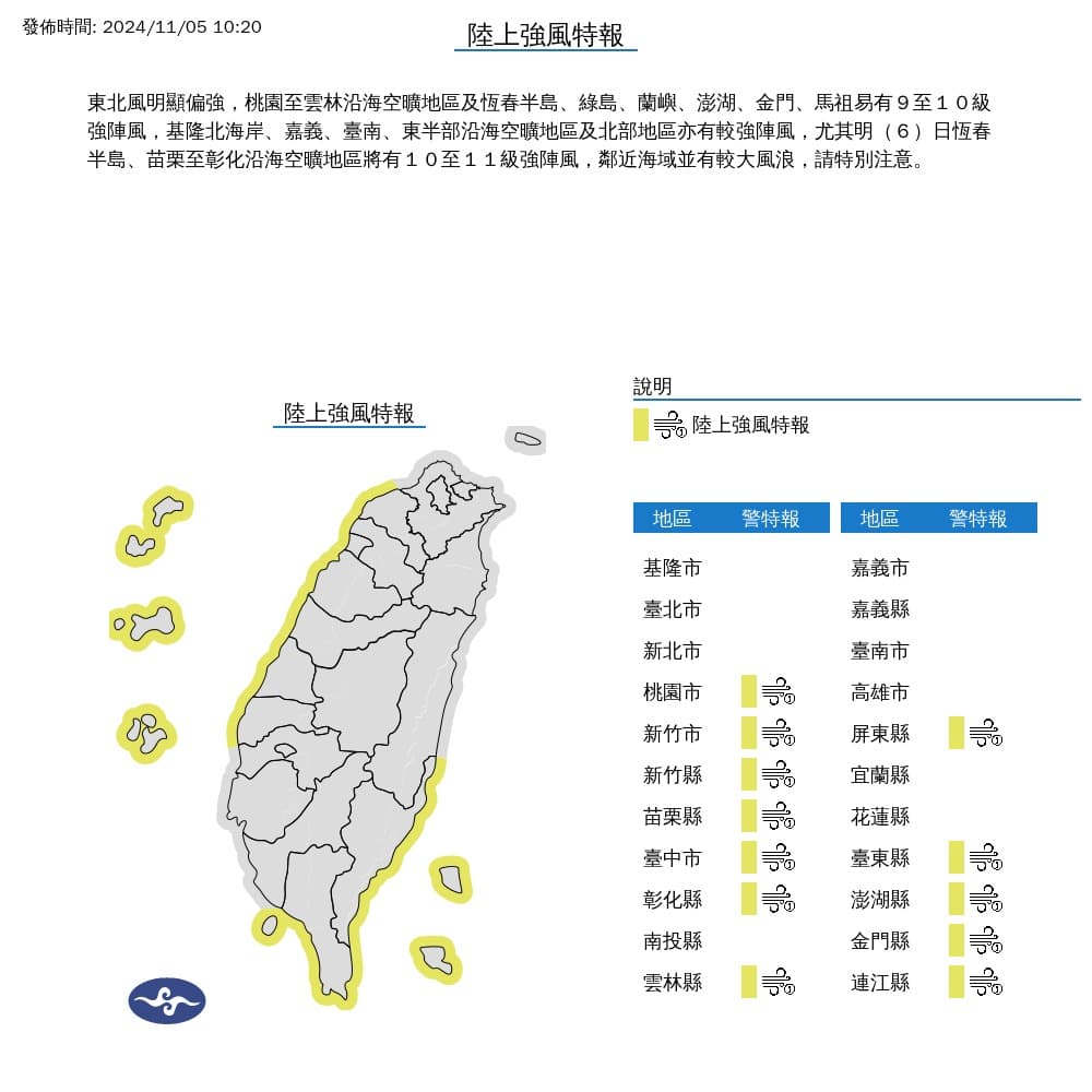氣象署持續發布強風特報。(氣象署提供)