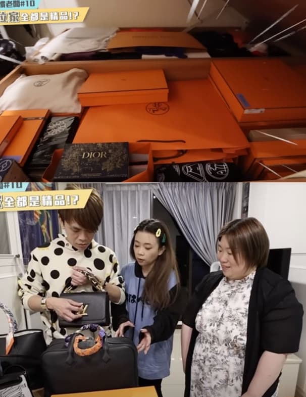 蔡阿嘎曾去開箱蘿拉家中收藏的大量精品包,驚覺她消費力驚人。(翻攝蔡阿嘎YT頻道)