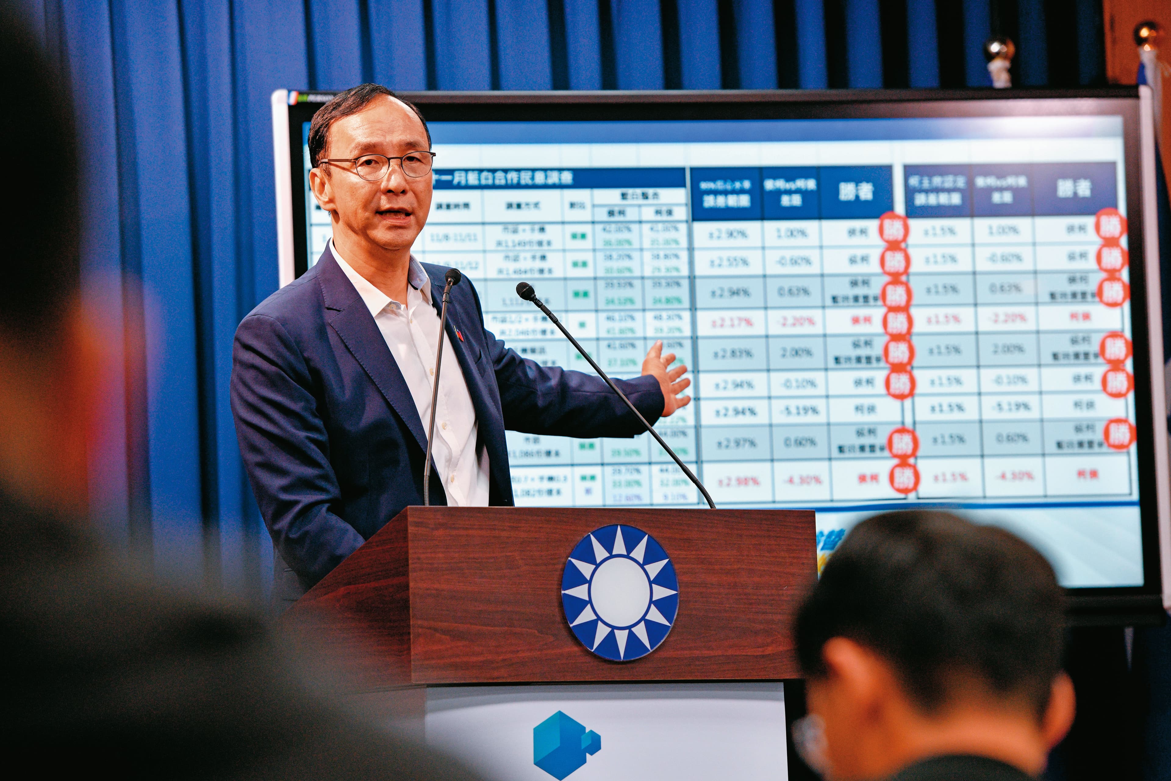 藍白陣營因對統計誤差範圍的認知不同，朱立倫18日親上火線召開記者會。