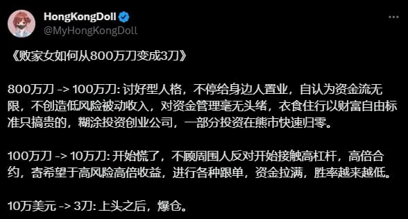 玩偶姐姐盲目投資,把手上800萬美元玩到戶頭只剩3美元,形容自己是個「敗家女」。(翻攝自HongKongDoll X)