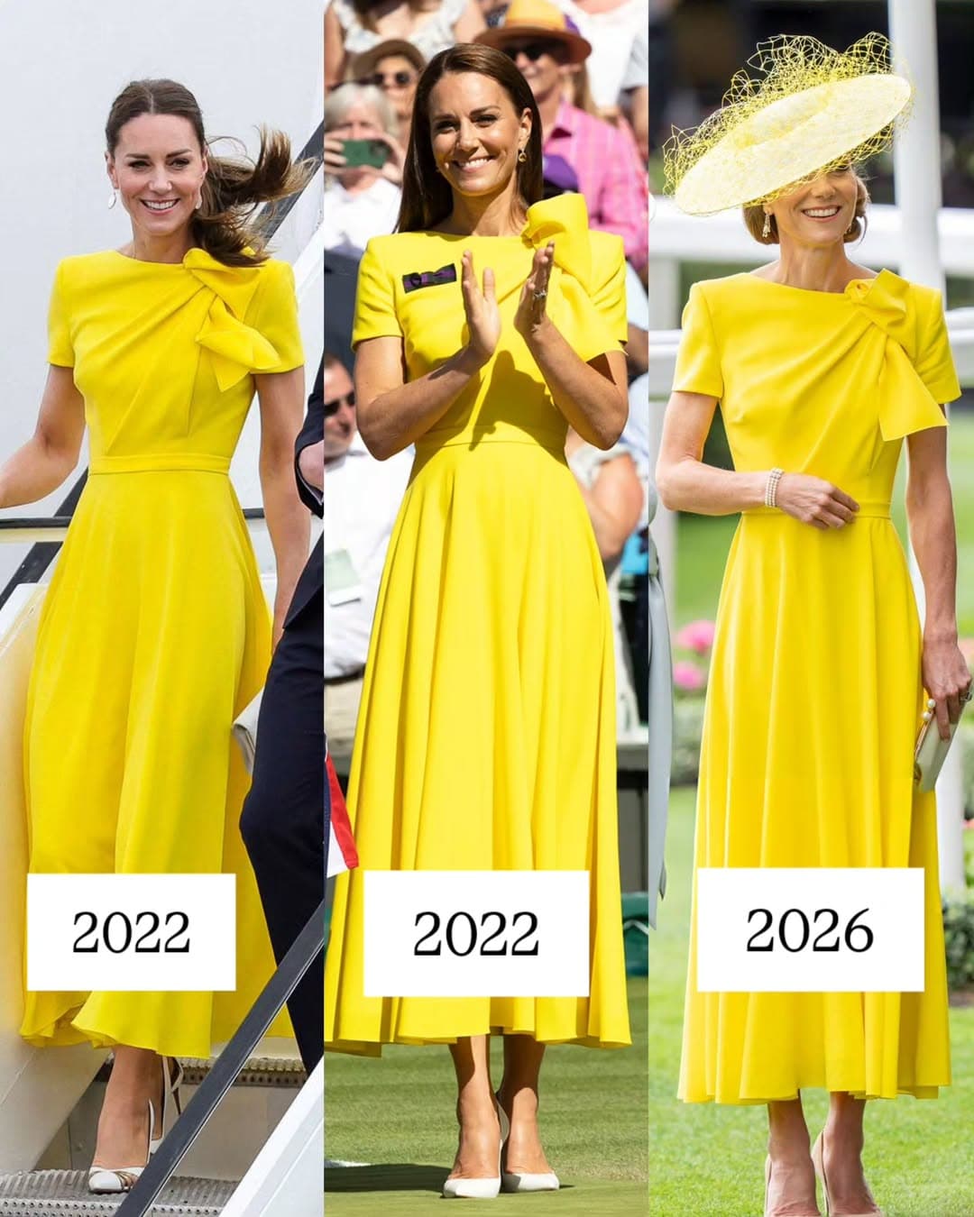 凱特王妃此次出席皇家賽馬會,再度穿上2022年曾於牙買加訪問及溫布頓網球錦標賽亮相的黃色ROKSANDA洋裝,展現永續時尚理念。(翻攝katemiddletonprincessofwalesuk IG)