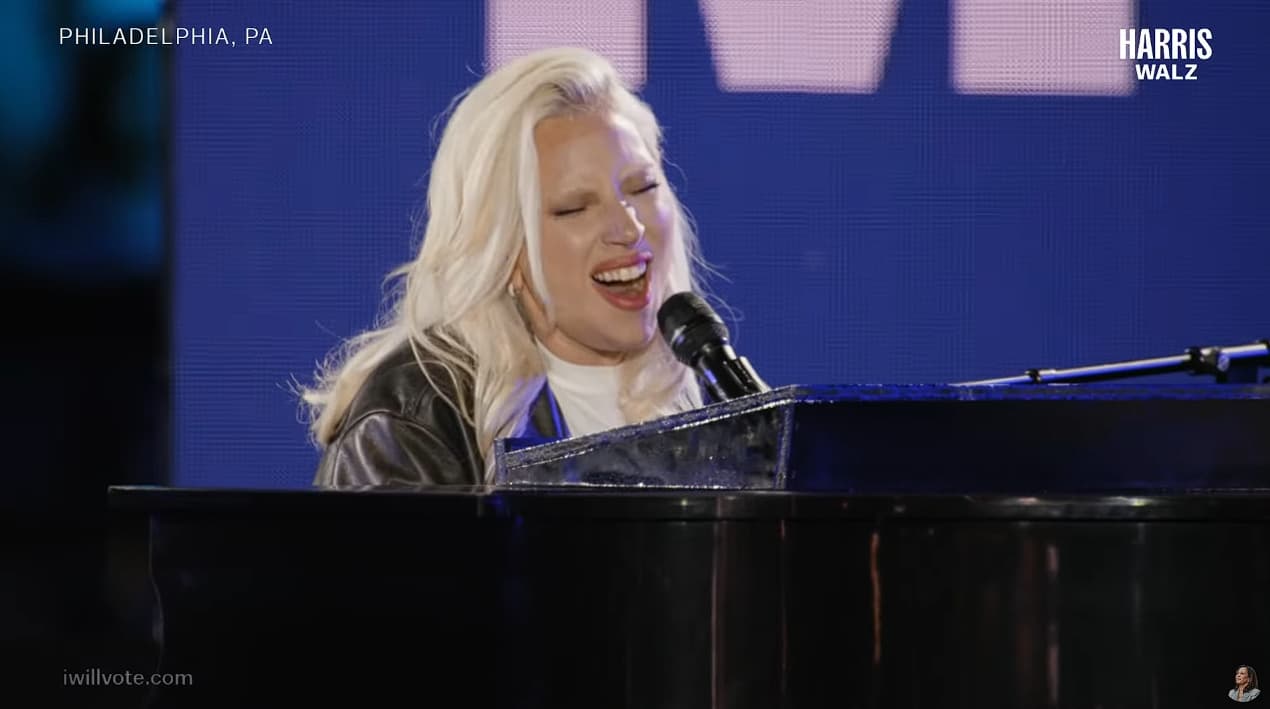 好萊塢明星包括Lady Gaga、凱蒂佩瑞等人，在全美各地的民主黨選前之夜，為賀錦麗站台獻唱。（翻攝自YouTube）