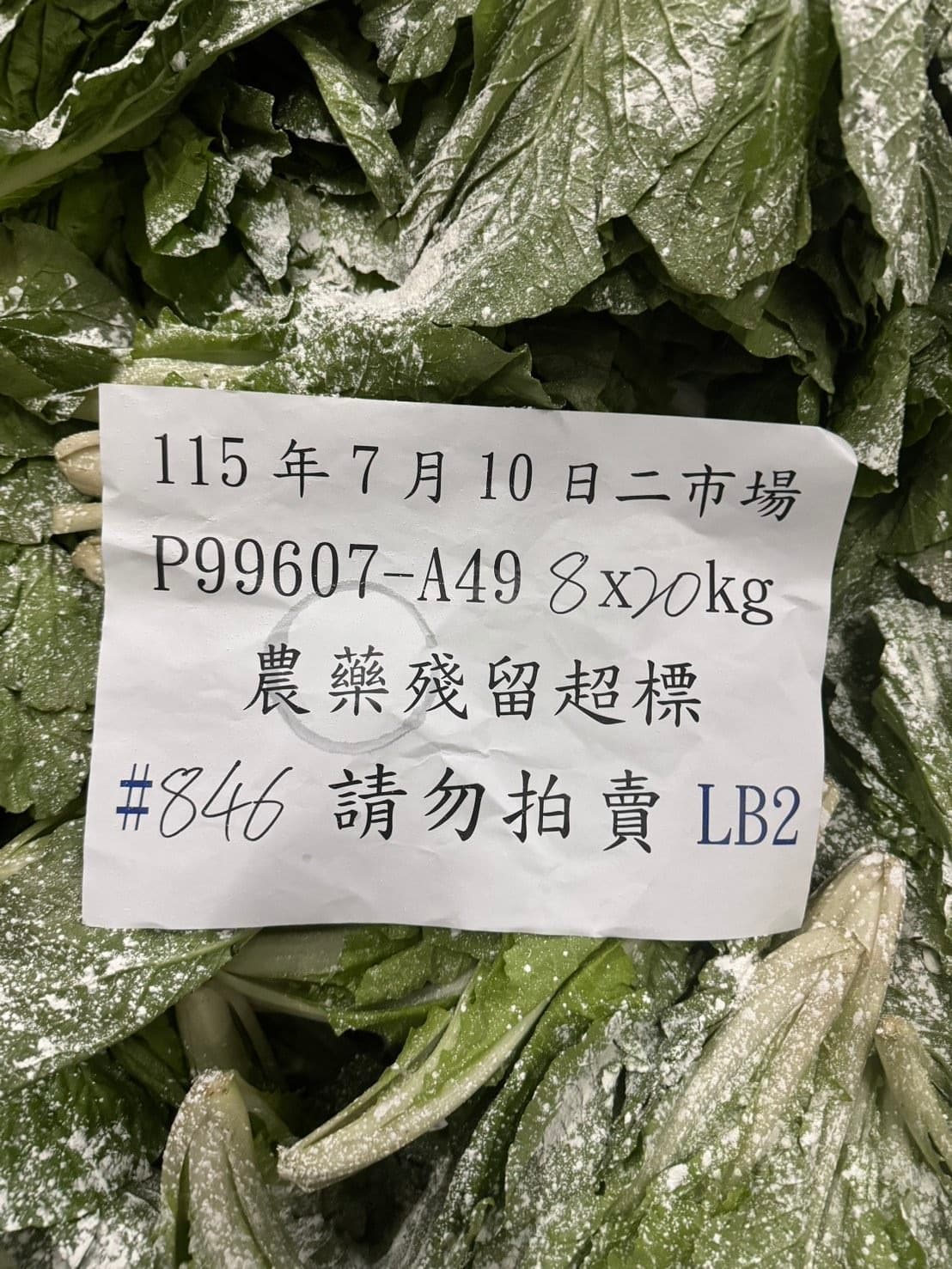 今年7月批發市場蔬果農藥殘留抽驗,共有77件不合格,主要品項為小白菜、辣椒、菜豆。(北市市場處提供)