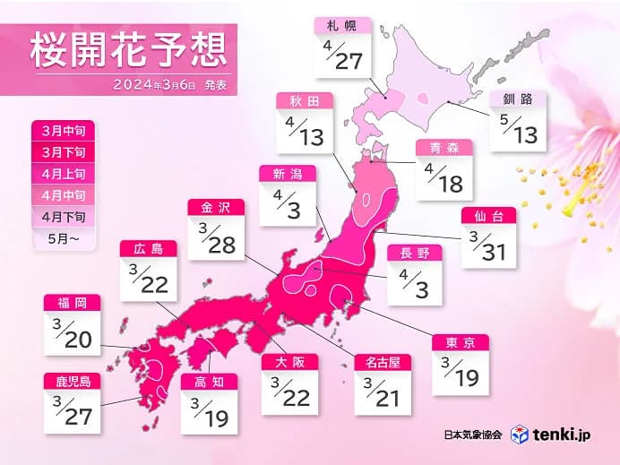 日本氣象協會公布最新一波的櫻花開花預測。(翻攝自日本氣象協會)