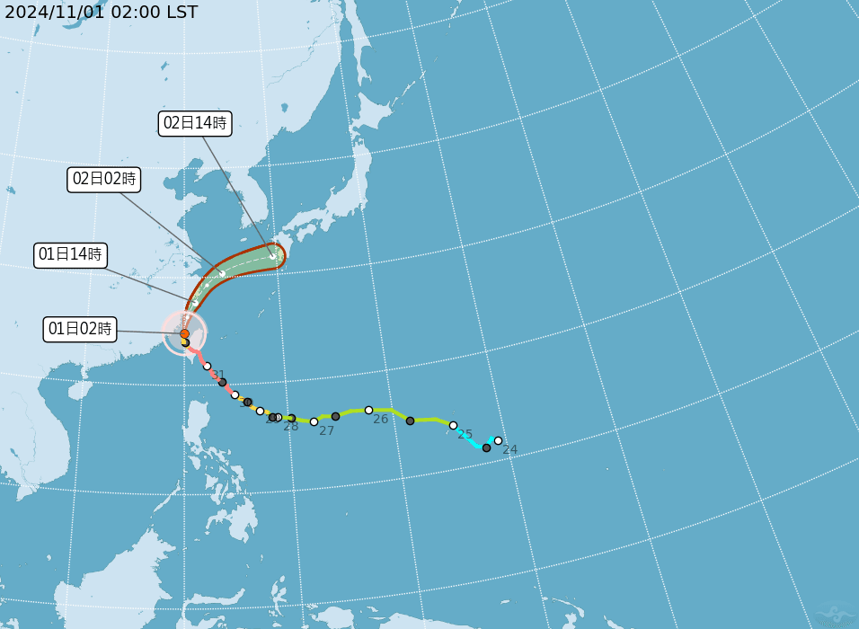 輕度颱風康芮1日早晨6時中心位於北緯26.2度、東經120.7度,即在馬祖東方約80公里處。(中央氣象署提供)