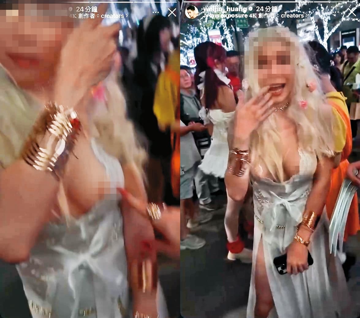 在萬聖節上街時,黃偉晉錄下巧遇變裝友人的畫面,卻疑似拍到對方走光。(翻攝自黃偉晉IG限動)