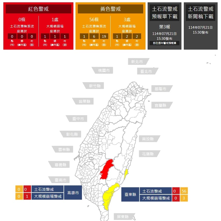 受強降雨影響,台東有56條土石流潛勢溪流。(翻攝自農業部官網)