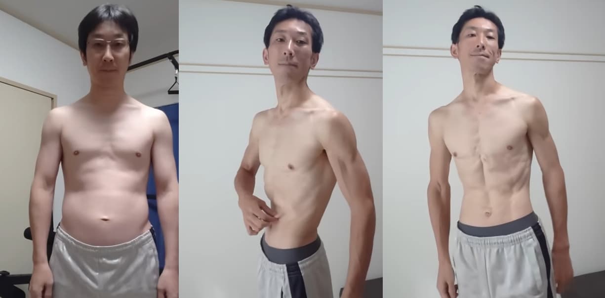 Tasuke經過3年的訓練，從原本大叔身材變成精壯的猛男。（翻攝YT@tasuke challenge Hero Name【中年野良トレーニー】）