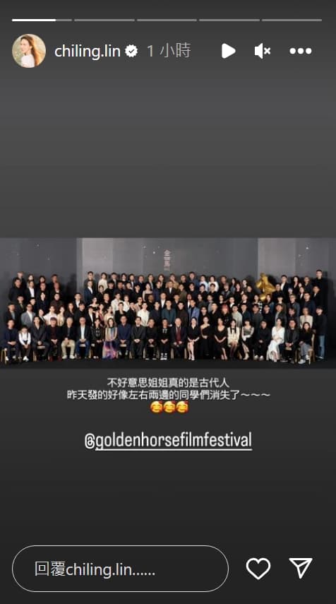 林志玲昨天分享入圍者的大合照，不料橫的照片左右都被裁掉，只剩中間的人出現，她今天重新PO限時動態道歉。（翻攝自chiling.lin IG）
