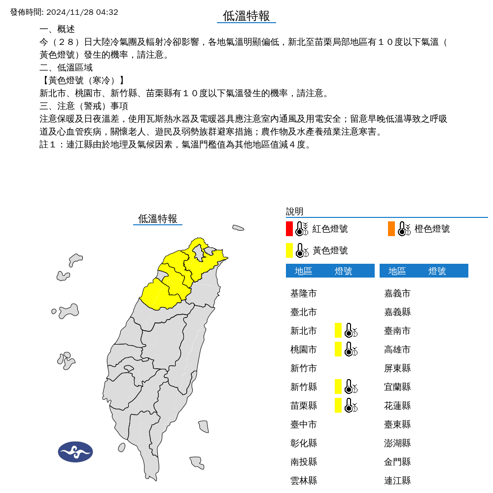 氣象署針對4縣市發布低溫特報。(中央氣象署提供)