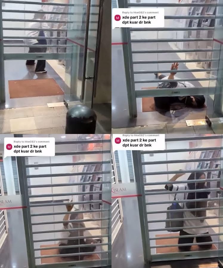 女子來不及從鐵捲門下方逃出,最後無奈受困在銀行提款室。(翻攝IG@malaysia.daily)
