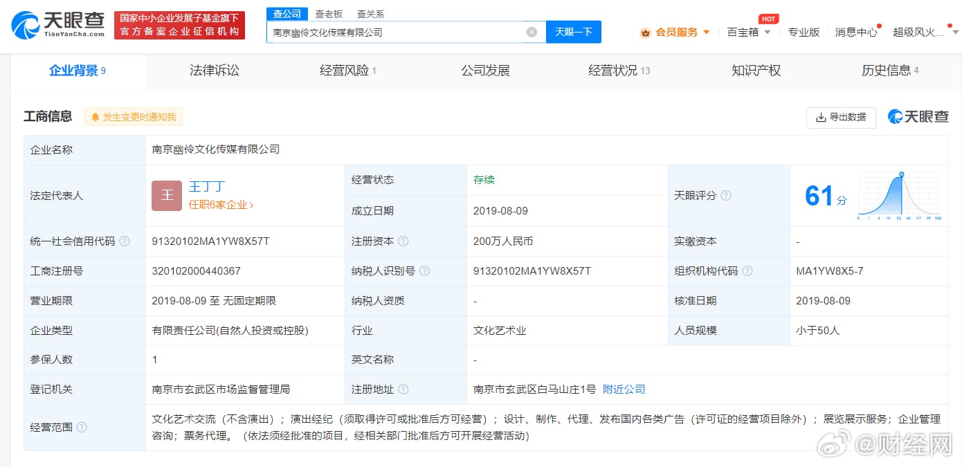 南京幽伶文化傳媒有限公司成立於2019年8月,法定代表人為王丁丁。(翻攝微博)