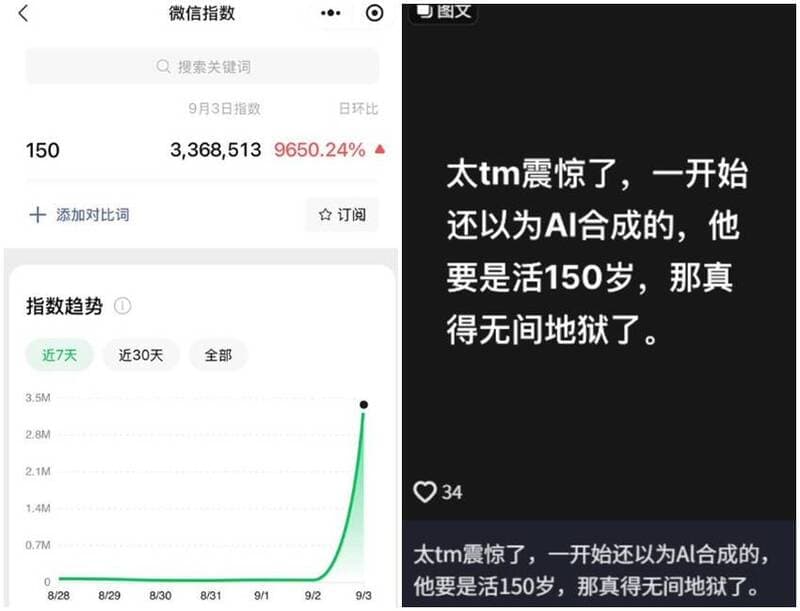 牆內微信「150」搜尋量爆336萬!有中國網友嚇到直呼「無間地獄」。(翻攝自X@李老師不是你老師)