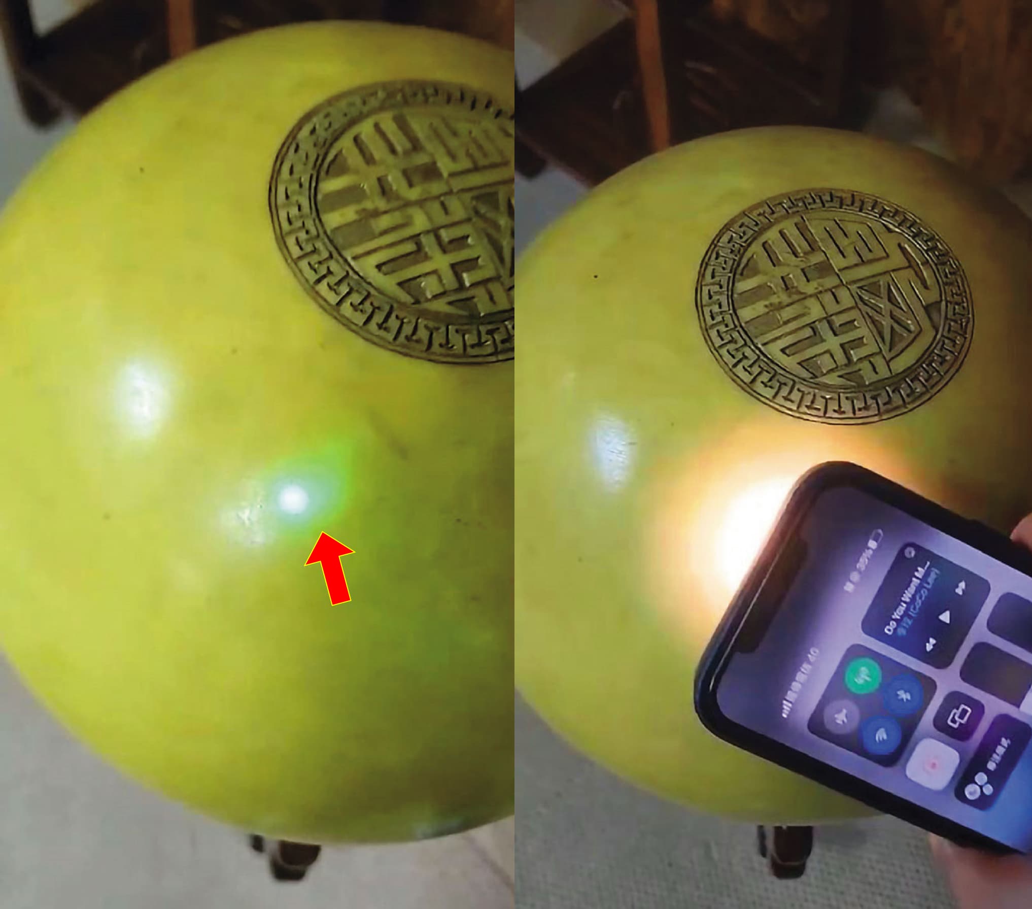 李昀融打開手機手電筒照射夜光石約3秒(右圖),夜光石受光後,即散發光點(左圖箭頭指處)。(李昀融提供)