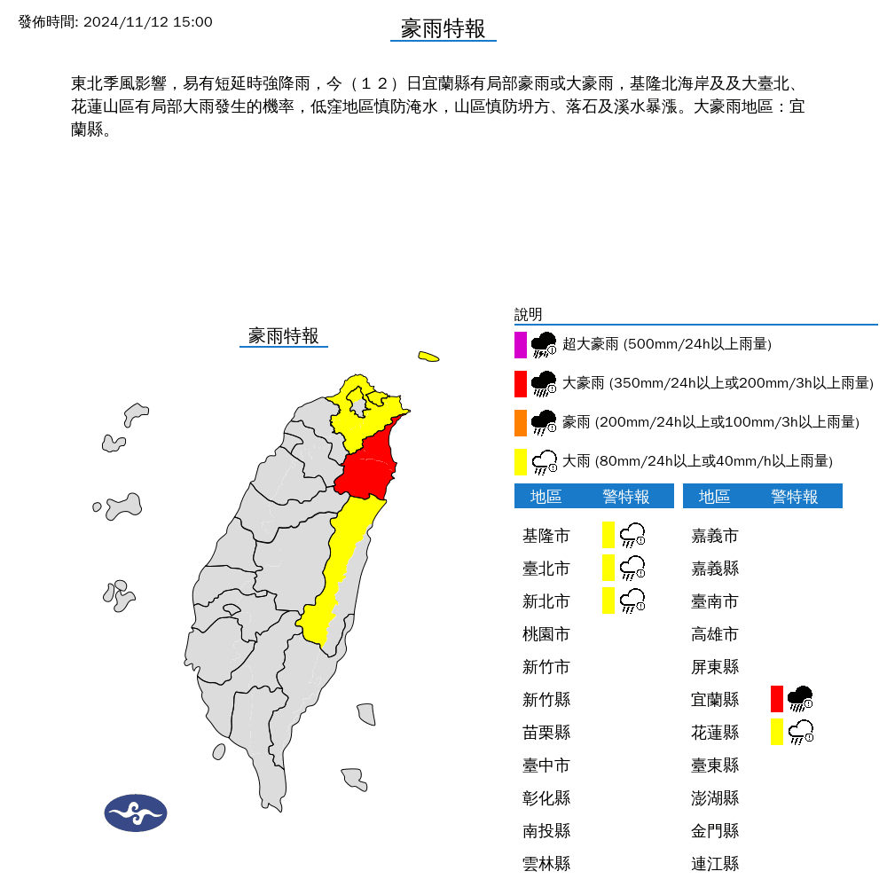 宜蘭縣達大豪雨等級亮起「紅色警示」。(中央氣象署提供)