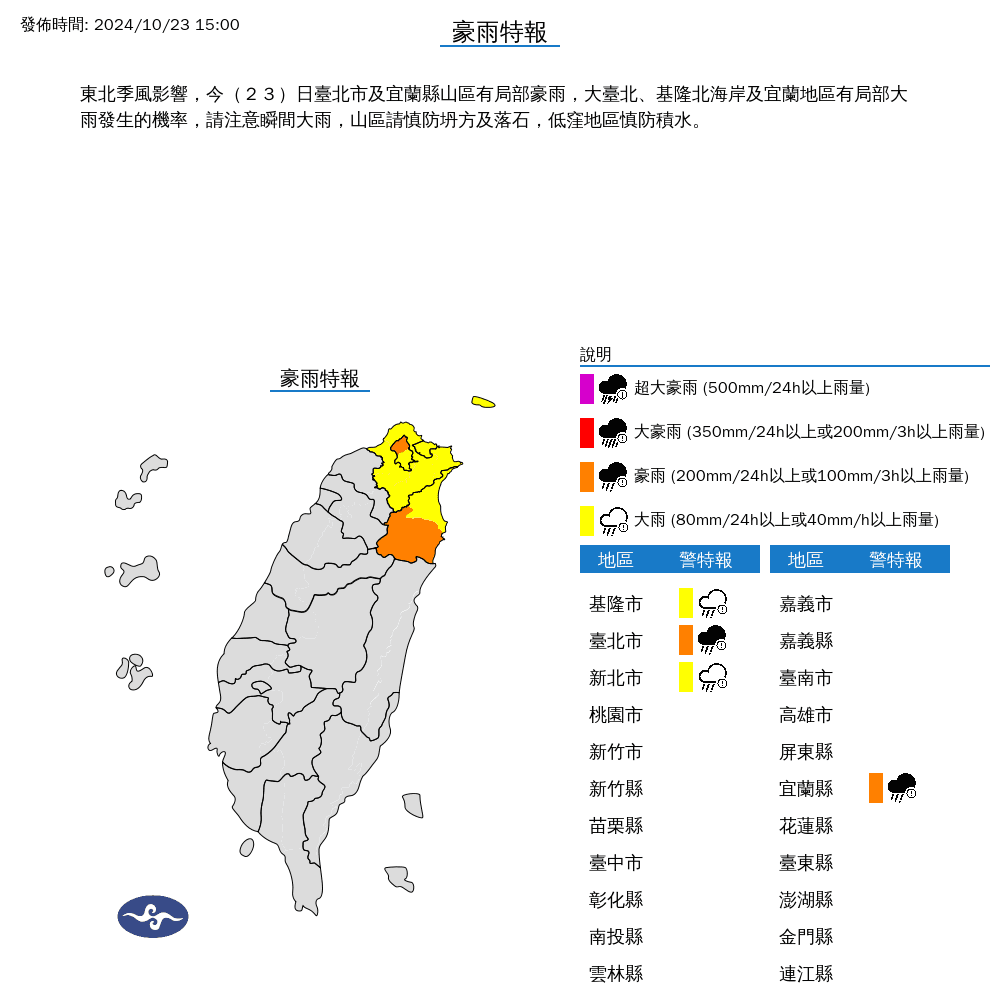 氣象署今針對4縣市發布豪、大雨特報。(中央氣象署提供)