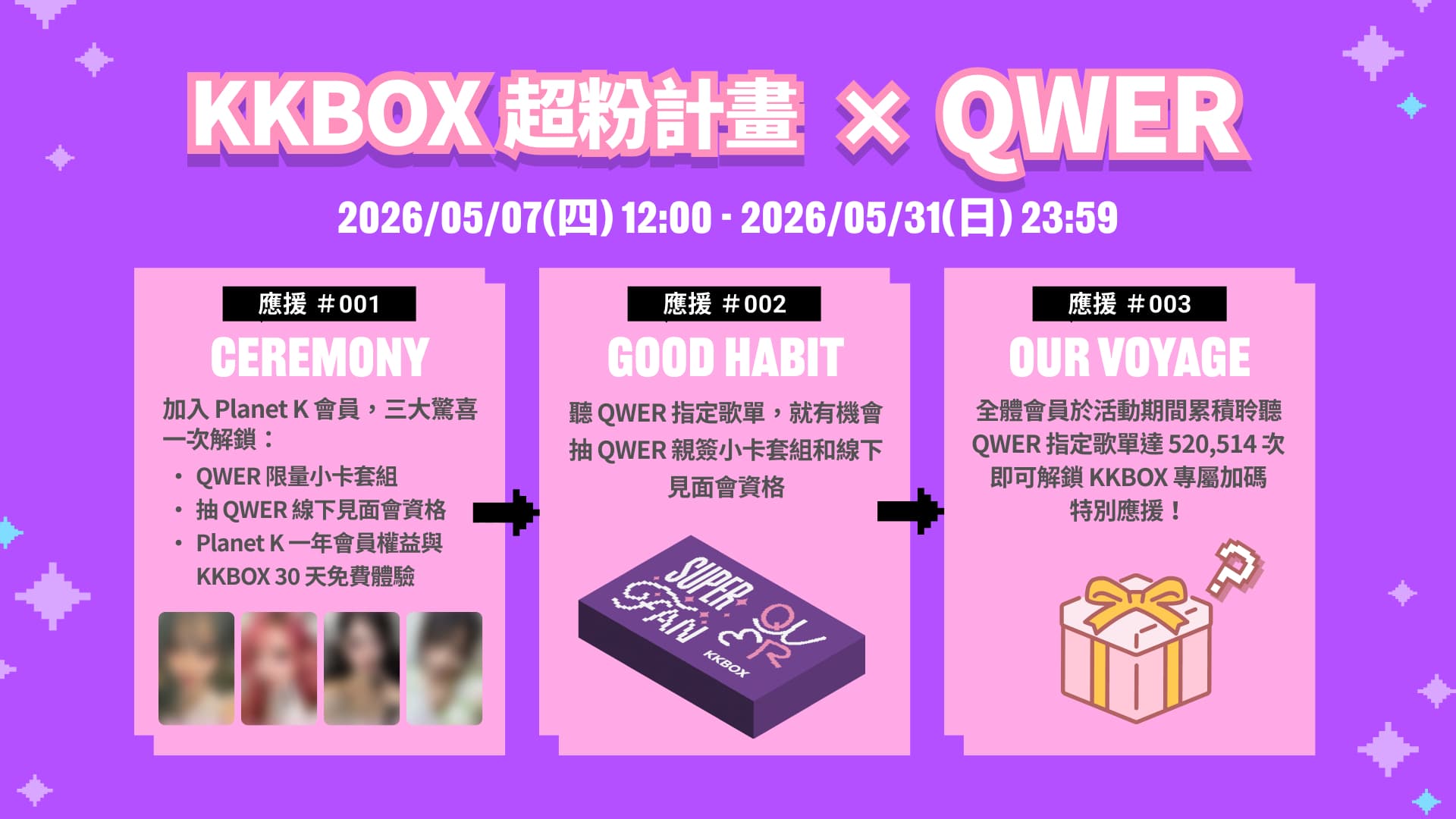 KKBOX超粉計畫x QWER就有機會解鎖限量小卡、實體見面會資格還有專屬特別應援。(KKBOX提供)