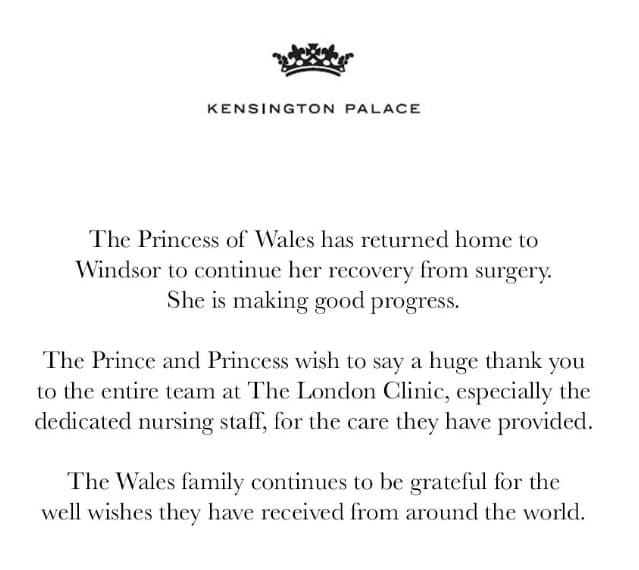 肯辛頓宮29日表示,凱特動完手術住院2週後,已出院返家休養。(翻攝自IG princeandprincessofwales)