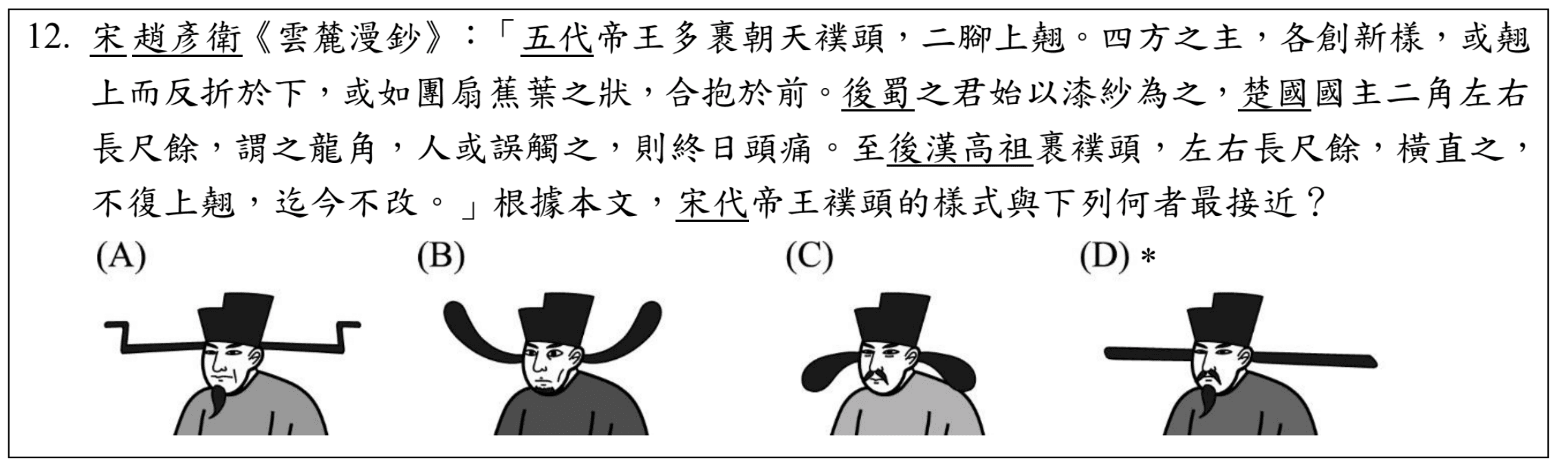 115年國中會考國文科第12題,要求考生根據古文描述判斷宋代「襆頭」樣式,正確答案為D。(翻攝國中教育會考官網)