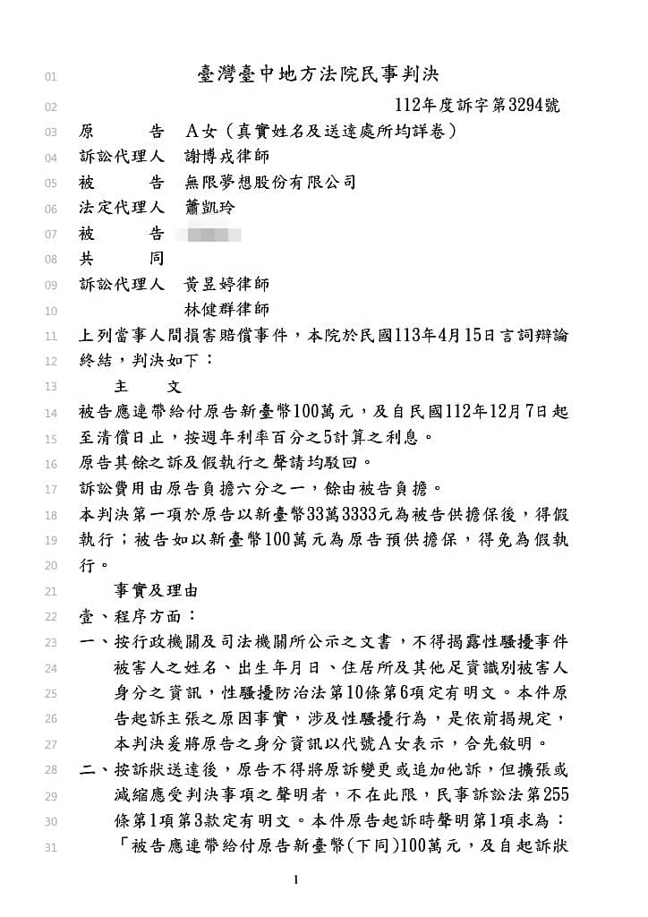 蔡南筠前經紀公司總經理因性騷事件,遭判賠100萬元。(翻攝自司法院判決書系統)