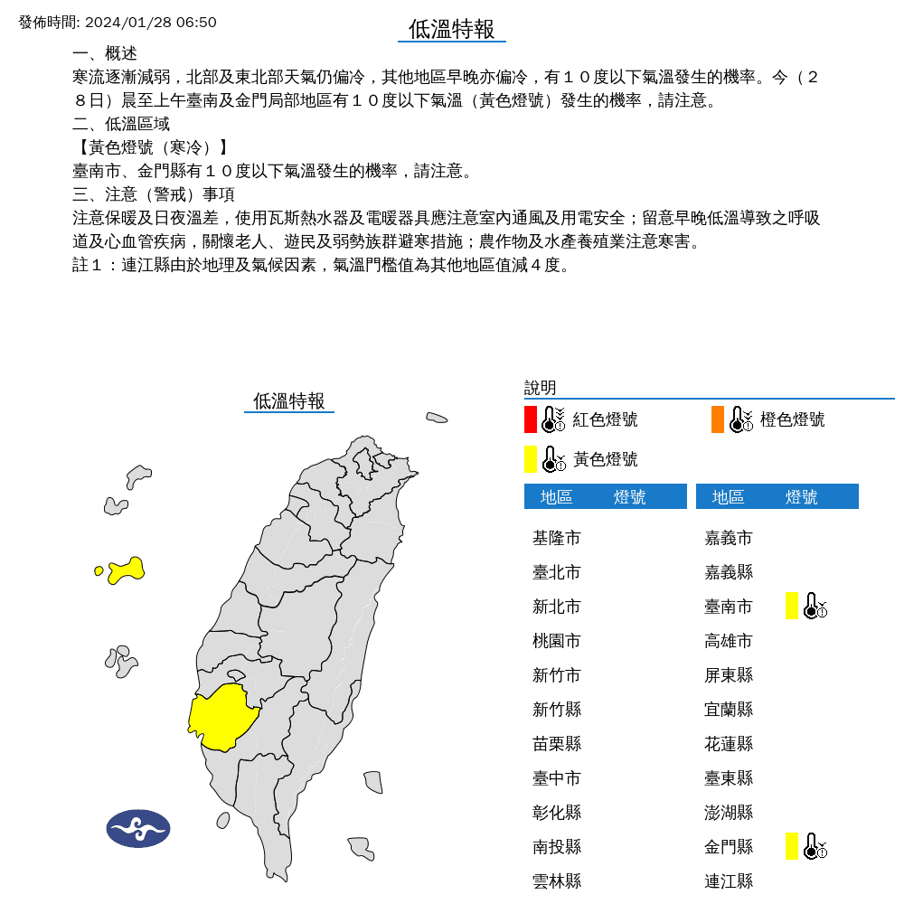 氣象署針對台南市、金門縣發布低溫特報。（氣象署提供）