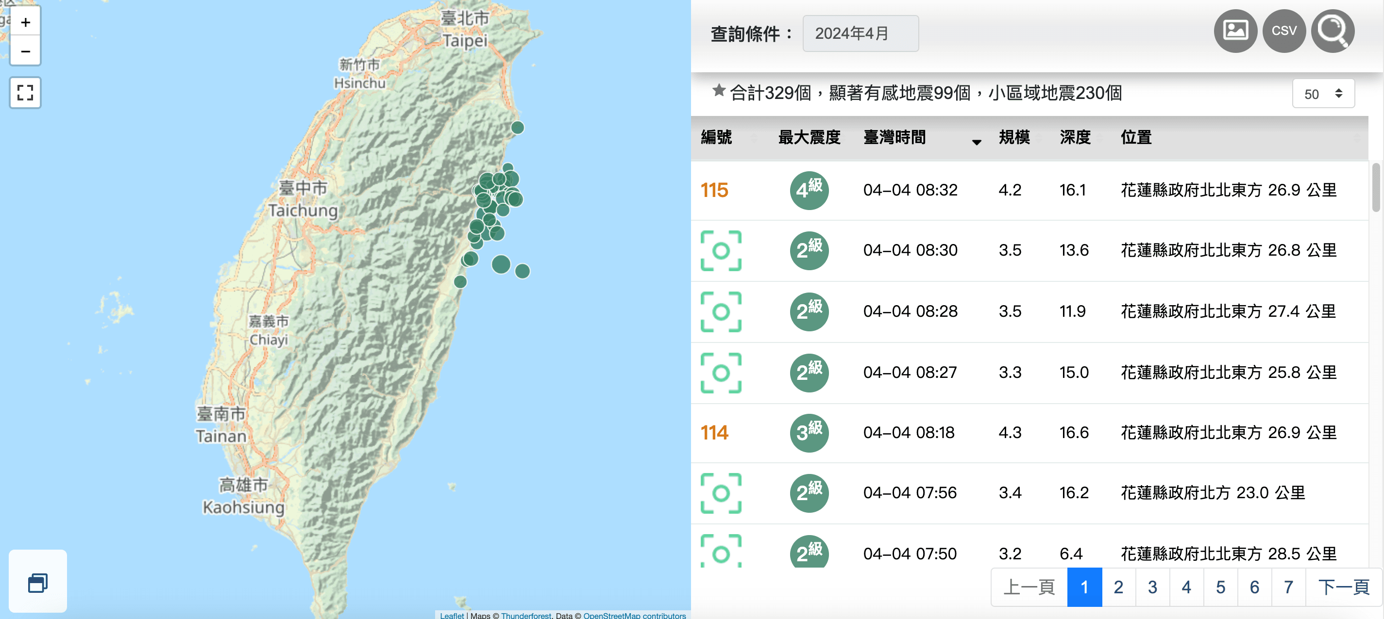 台灣4月已發生329起地震,從昨日上午7點58分起則連震323次。(翻攝自中央氣象署地震測報中心)