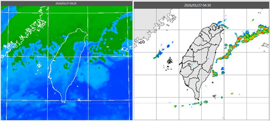 今晨4時20分紅外線色調強化雲圖顯示,中部以北雲層很多(左圖)。4時30分雷達回波合成圖顯示,降水回波大多在東半部海上(右圖)。