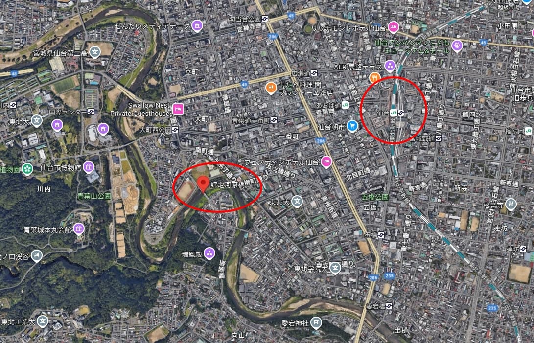 被民眾通報目擊5隻熊出沒的評定河原橋,距離JR仙台站約3公里的距離。(翻攝自Google Maps)