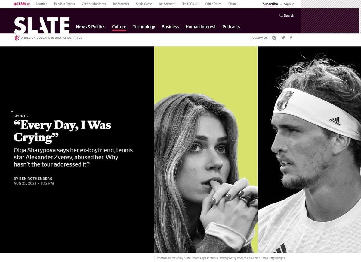 沙雷波娃2021年接受《Slate》專訪，公開描述與茲維列夫交往期間遭受家暴的經過。（翻攝Slate網站）