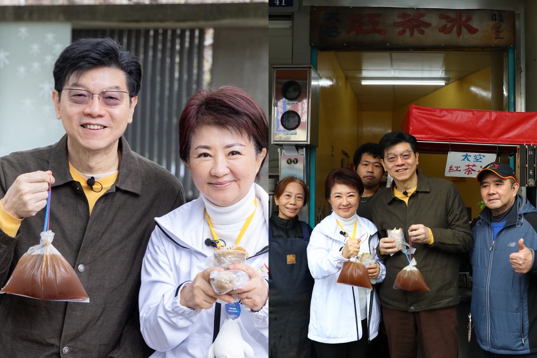 兩人品嚐擁有60年歷史的「太空紅茶冰」。盧市長特別指定要用傳統塑膠袋盛裝,她大讚打個結,插管就能喝,這就是充滿回憶的台中味!(鄭祺耀、何宗昇攝)