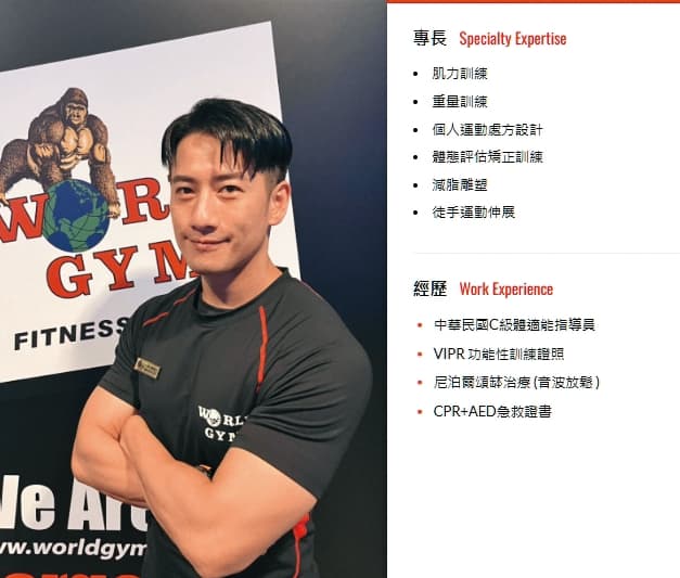 周孝安目前在健身房斜槓擔任健身教練。(翻攝自world gym官網)