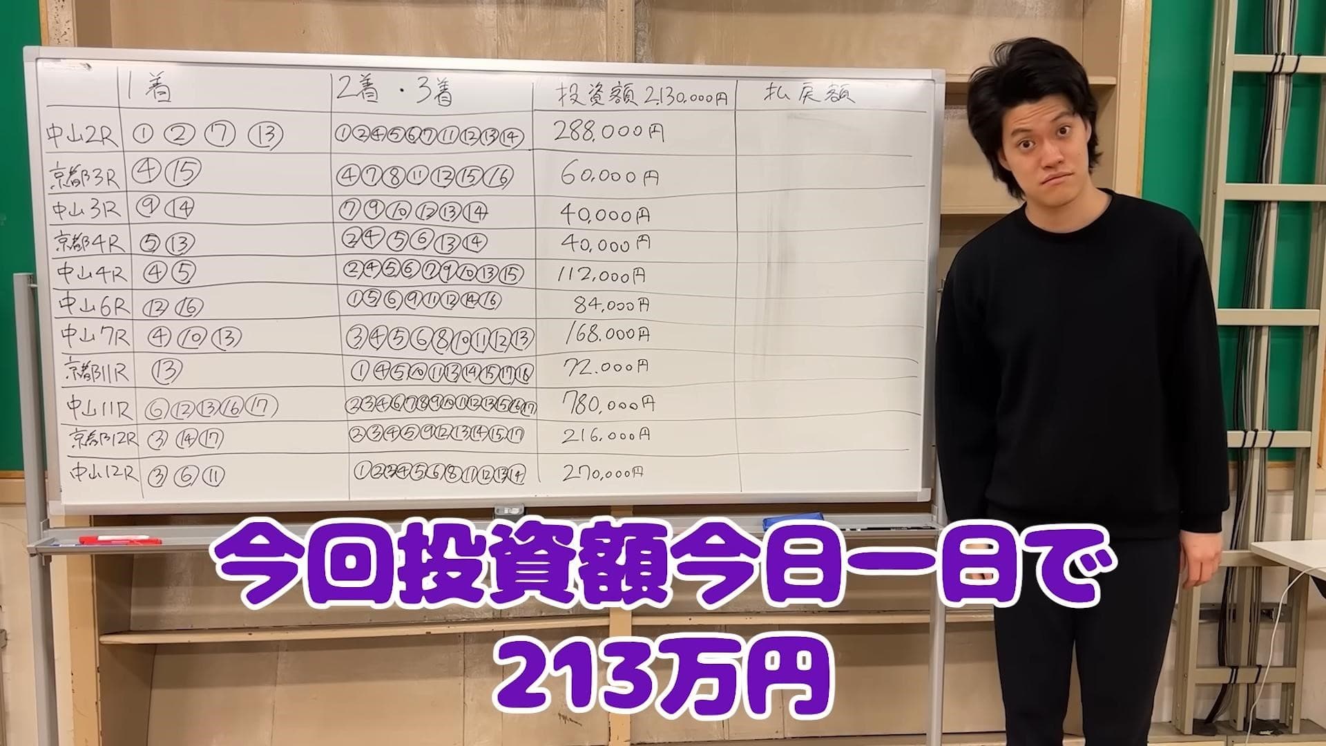 粗品花了213萬日圓(新台幣約46萬元)買賭馬券。(翻攝自YouTube畫面)