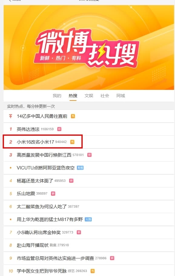 小米16改名17的新聞被中國網友熱議許久。(翻攝自微博)
