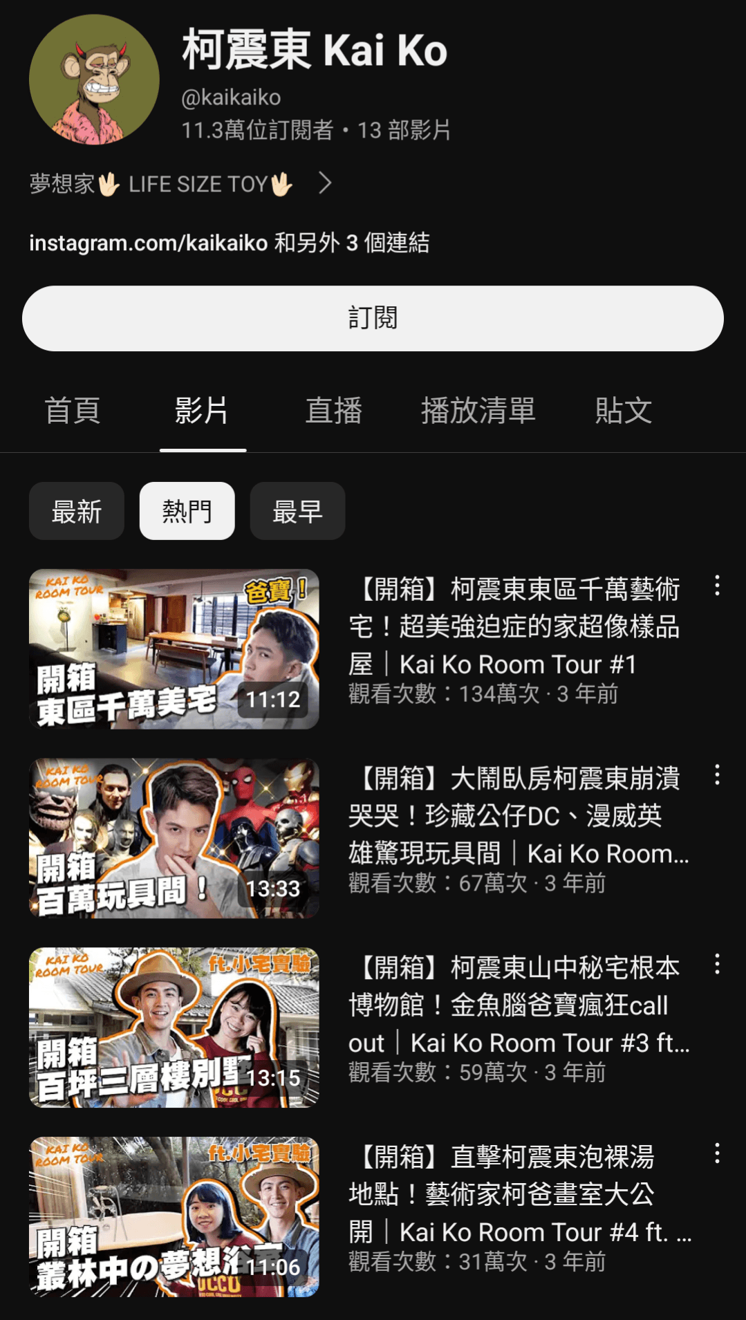 創立YT個人頻道4年來,柯震東共更新13支影片,其中最高觀看是134萬次的東區豪宅開箱影片。(翻攝自柯震東YT頻道)