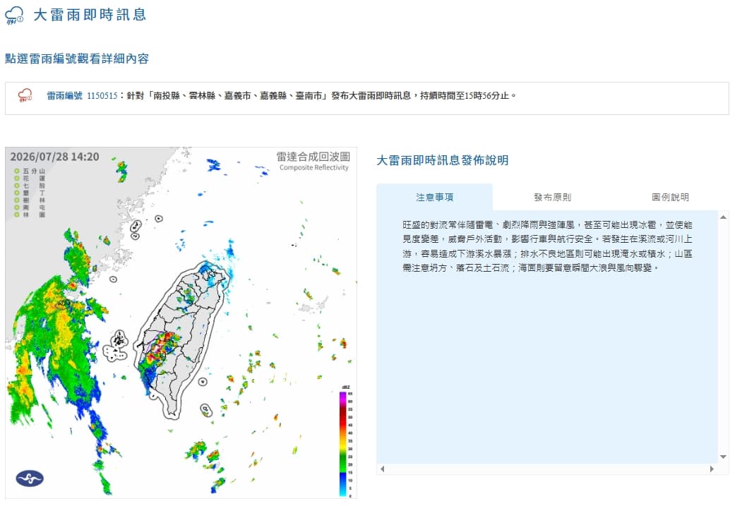 中央氣象署發布大雷雨即時訊息。(翻攝自中央氣象署官網)