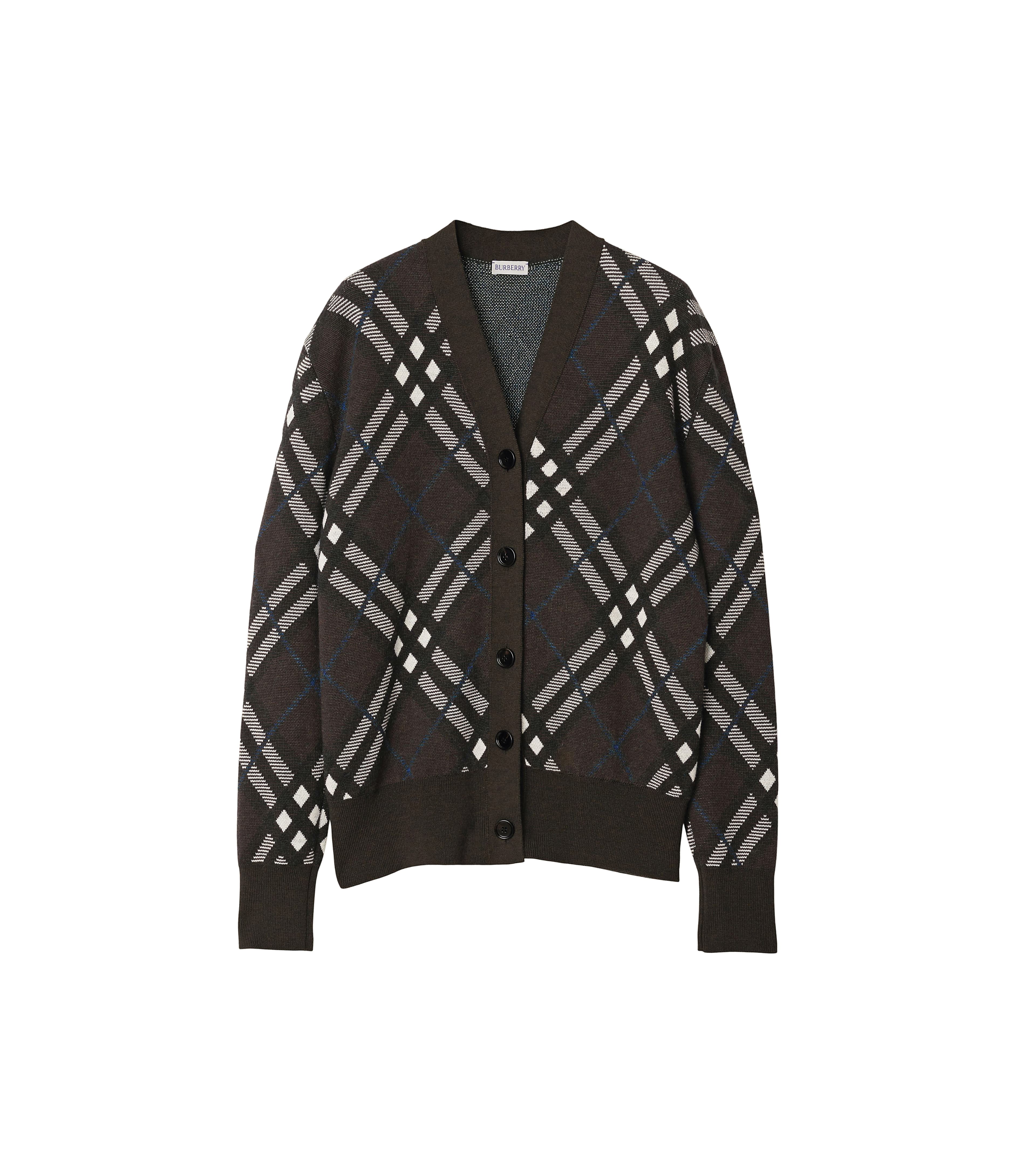 暖感棕色格紋羊毛混紡開襟針織衫。NT$49,900(BURBERRY提供)