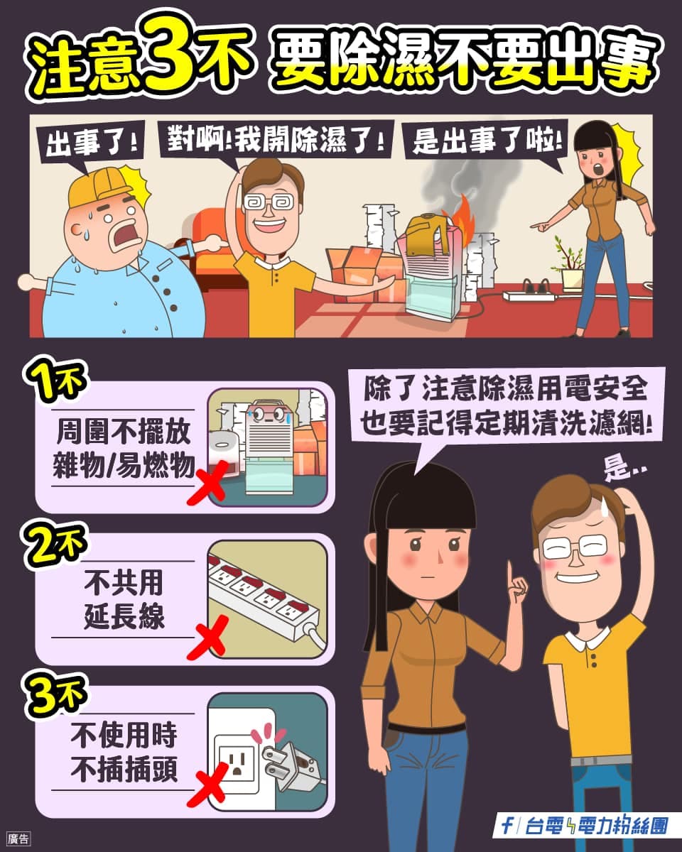 台電說明除濕機使用注意事項。(翻攝自臉書@台電電力粉絲團)