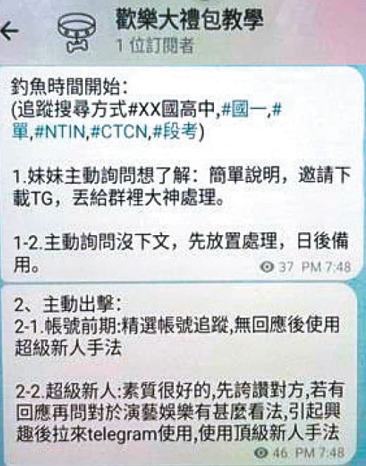 少女性影像牧場「歡樂大禮包」教戰守則,教員工先在IG招募演藝人員,再引導上勾少女至Telegram牧場管理,以高報酬及iPhone或脅迫方式,取得少女自招的性影像。(重製對話,示意圖)