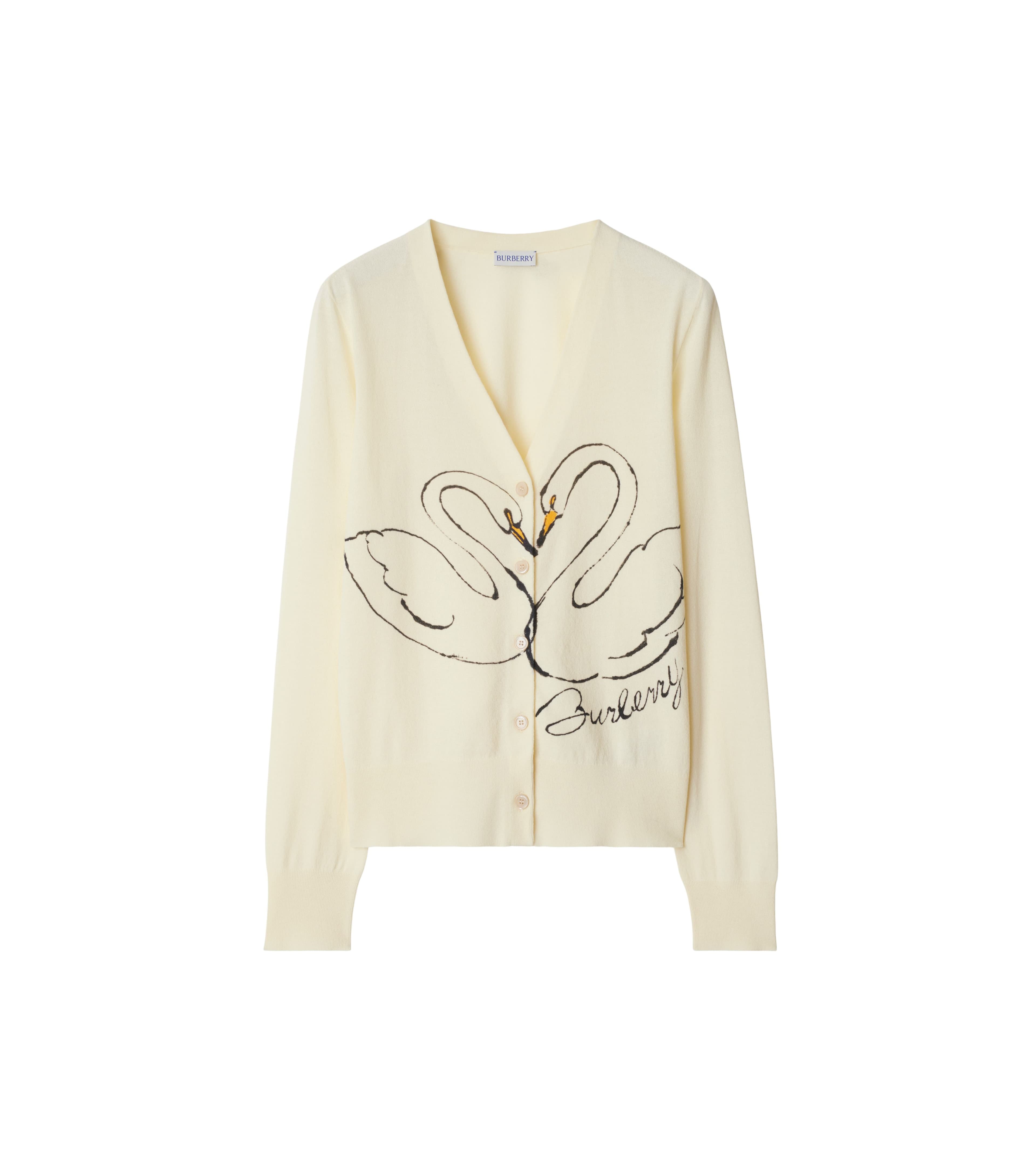 皂白色天鵝印花棉質縐綢開襟針織衫。NT$44,900（BURBERRY提供）