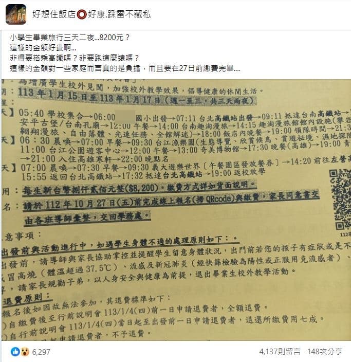 台北市某國小3天2夜畢旅,搭高鐵到台南及高雄玩。(翻攝自好想住飯店⭕好康.踩雷不藏私臉書)