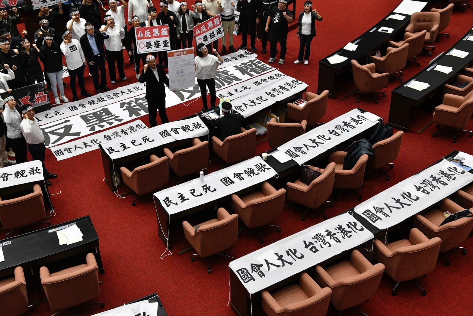 21日立院攻防戰,綠營掛出民主已死、國會人大化、台灣香港化等布條。