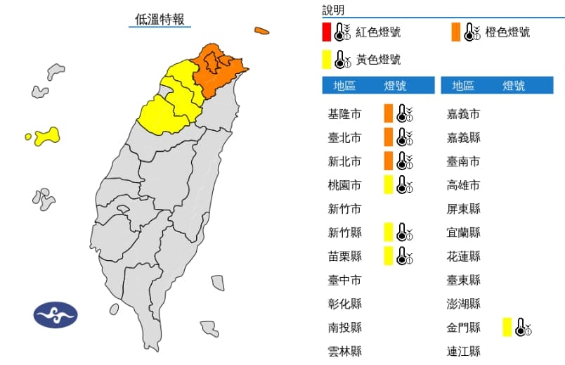 中央氣象署稍早發布7縣市低溫特報,上午至明(26)日北北基局部地區有持續10度左右或以下氣溫,提醒民眾請注意保暖。(中央氣象署提供)