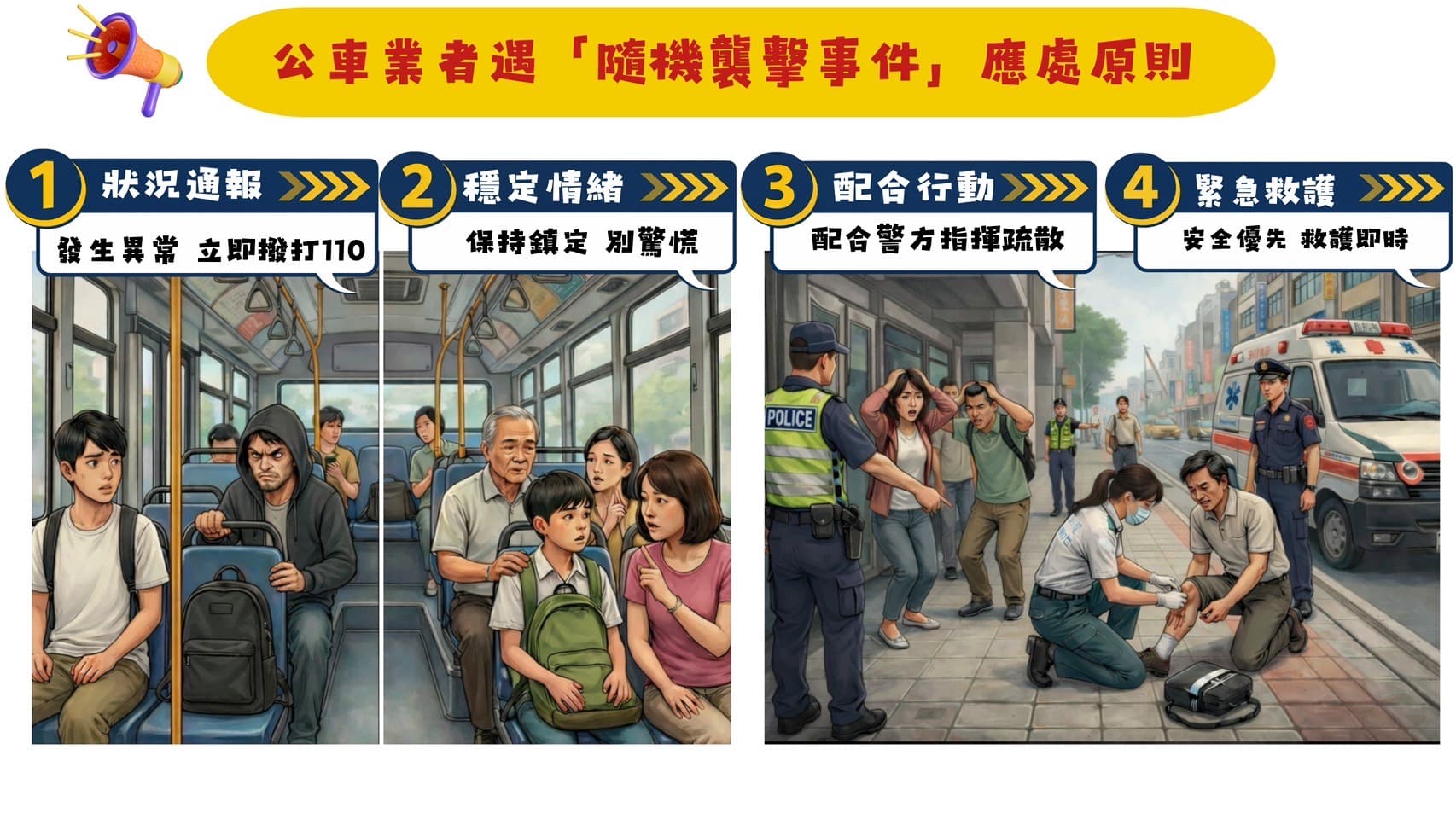 土城分局分局長陳建龍講解遇隨機襲擊事件應處四原則，透過本次的演練讓大眾提高警覺意識。