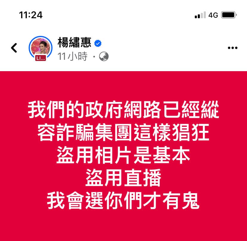 楊繡惠在臉書留言直指詐騙集團猖獗。(楊繡惠臉書)