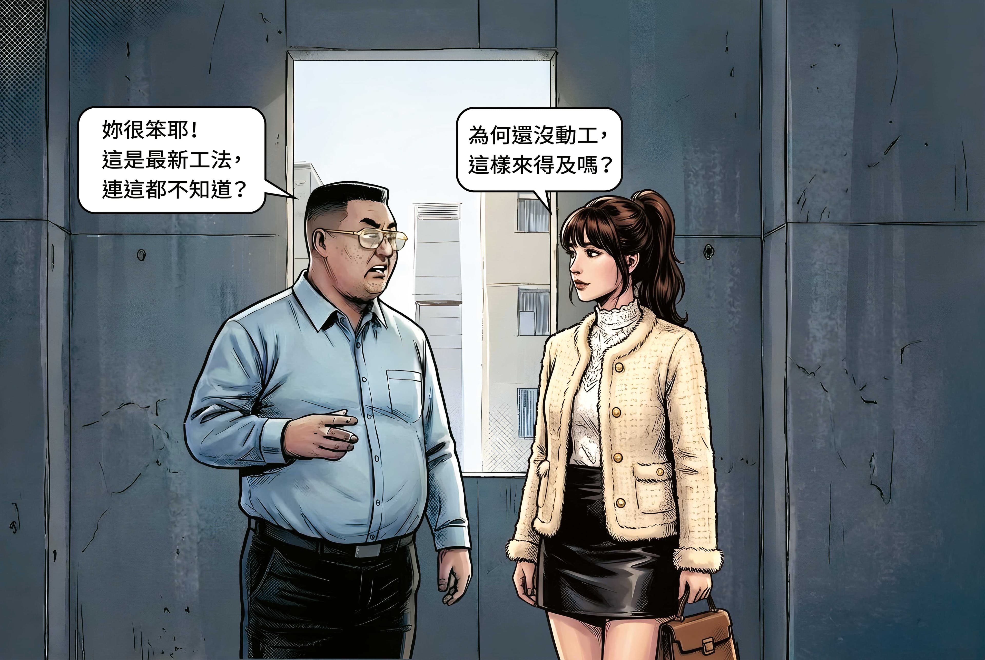 S小姐（右）詢問裝潢進度時，遭杜叙中（左）取笑，指最新的裝潢工法都先在外面工廠施作。（示意畫面，AI繪圖Freepik生成，本刊美術組後製）