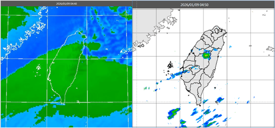 今晨4:40紅外線雲圖顯示,中層雲向北移動、遮蔽中南部的天空(左圖)。4:50降水回波合成圖顯示,中層雲伴隨的降水回波很弱、且很零星(右圖)。(翻攝自氣象應用推廣基金會)
