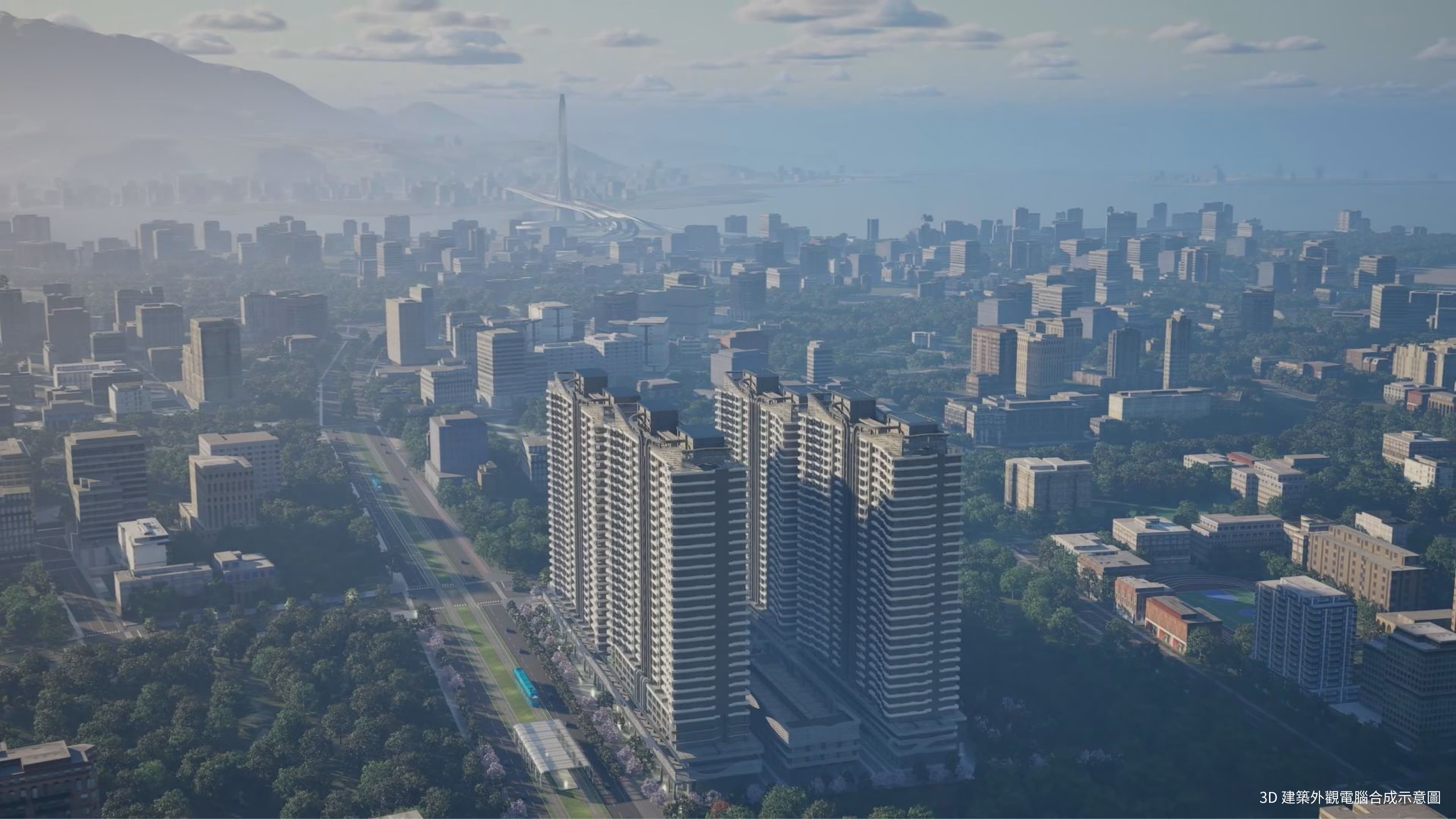 「新海城 2-夢想市」坐落於淡海科學城核心商業區與明星學區中心,鄰近輕軌V10站,完美承接交通通車與國家級政策的發展紅利。(圖為3D建築外觀電腦合成示意圖)