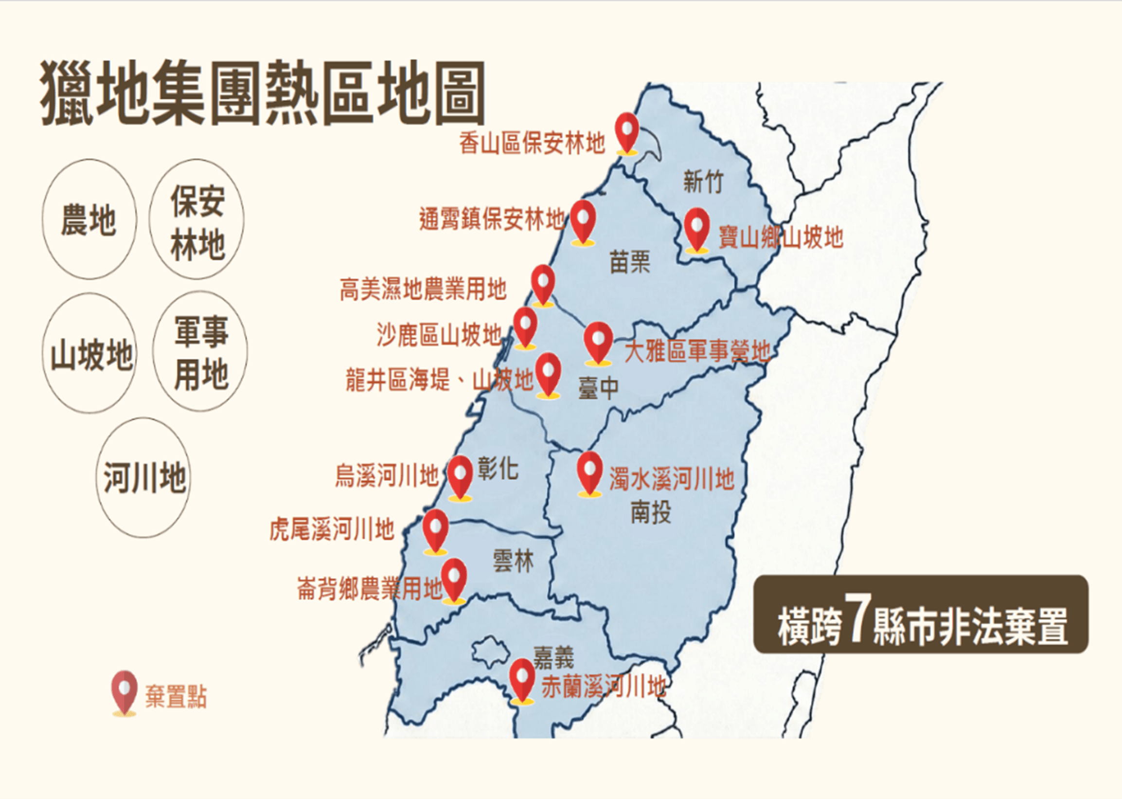 非法棄置地點遍及新竹、苗栗、臺中、彰化、南投、雲林、嘉義等至少7縣市,整體犯罪產業鏈橫跨12縣市。(台中地檢署提供)